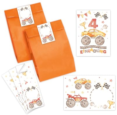 Minkocards 12 Einladungskarten zum 4. Kindergeburtstag Jungen Monster-Truck Auto Einladungen zum vierten Geburtstag incl. 12 Umschläge, 12 Partytüten/orange, 12 Aufkleber