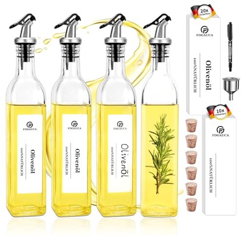 SIAZIH 4 Stück 500ml Olivenöl Flasche, Ölspender mit 30 Großformatig Schneeweiß Etiketten, Ölflasche mit Ausgießer, Essig und Ölflaschen Set für Eine Aufgeräumte und Organisierte Küche Geeignet.