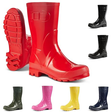 JUJU Stivali di gomma impermeabili da donna, stivali di gomma PVC, vestibilità comoda ed elegante, Rosso, 37 EU