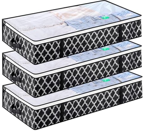 3 Pack 90L Large Under Bed Storage Bags, Underbed Storage Bag with Lid Clothes Storage Bedroom Storage Under Bed Storage Organiser with PVC Window for Quilt, Blanket, Clothing, Shoes
