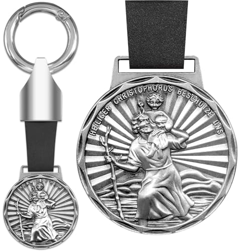 Anwlki Heiligen Christophorus Plaketten Leder Schlüsselanhänger Heiliger Christophorus Medaille Beschutze Uns Komm Gut Heim Auto Motorrad Autofahrer Schutzpatron Anhänger (Altes Silber)