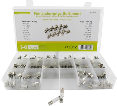 SeKi 160 Teile Feinsicherung 6x30 Sortiment 160-teilig 16 Typen; 8 x Flink + 8 x Träge 0,8A, 1,25A, 1,6A, 2A, 2,5A, 3,15A, 4A und 6,3A Sicherung; Glasrohrsicherung; Glassicherung