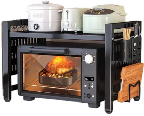 Soporte Extensible for Horno De Microondas Rejilla for Encimera De Cocina Organizador Estanteria Mueble Microondas Rack De Almaceamiento 2 Niveles Con 6 Ganchos(Color:Black)