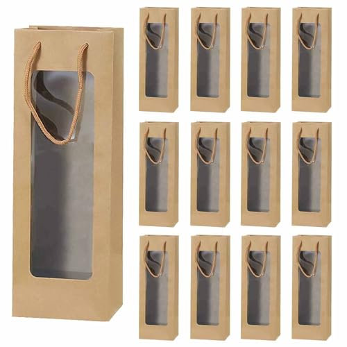 QISF 12 Pack Kraft Paper Wine Gift Bags - Sturdy Bottle Gift Bag with Handles,Wine Tote Bag | Transparent Windows for Displaying Wine, Flowers | Wine Storage Bag for Christmas, Wedding, Party