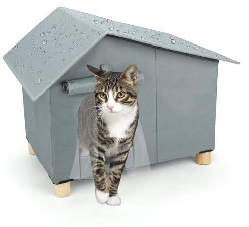 RANYPET Katzenhaus Outdoor, Faltbar Wasserdicht katzenhaus mit Niedrigen Beinen, Abnehmbarem Weiches Matte und Vorhang, Groß katzenhöhle für Innen Draußen katzen haus für Kleine und Mittlere Haustiere