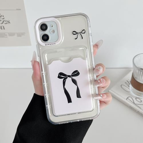 DEFBSC Case for iPhone 12, Transparent Back Card Holder Cute Bowknot Pattern Raised Camera Protection Slim Soft TPU Shockproof Clear Back Card Slot Phone Cover - Black Bow/Frame