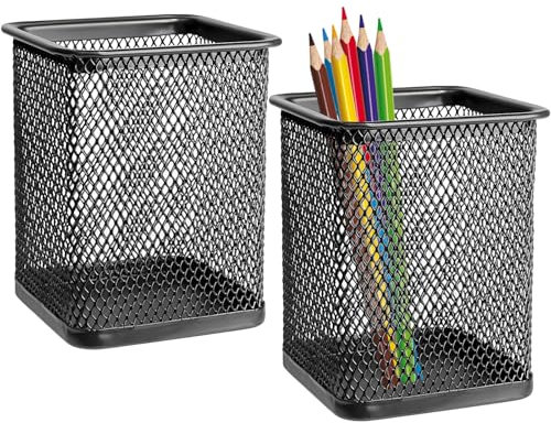 Mgood 2 Pack Pen Holder, Square Metal Mesh Pen Pot, Durable Stationary Organiser, Multifunctional Pencil Pot for School, Home, Office, Black