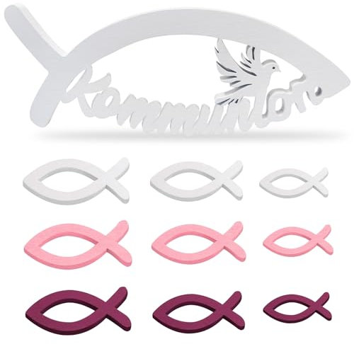 SANLIUSANJIU Fisch Holz Kommunion Deko, Erstkommunion Weiße Fisch Stil Tischdeko, Tisch Dekoration für Taufe Kommunion, Taufdeko zur Konfirmation für Mädchen und Jungen