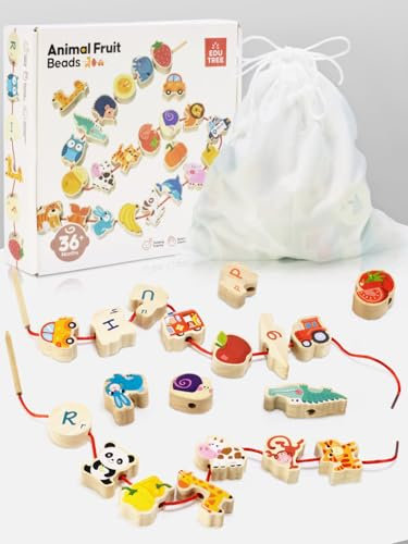 GutSache Fädelspiel ab 2 Jahren, Montessori Spielzeug Lernspiel Holzspielzeug, 42 Stück Holzperlen Fädelperlen zum Auffädeln, Geburtstagsgeschenk für 1 2 3 Jährige Kleinkinder, Kinderparty Mitgebsel