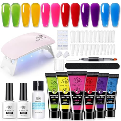 Born Pretty Polygel Starter Set mit UV Lampe - Poly Gel Nägel Set 6 Farben Neon Rosa Blau Nagelverlängerung Kit Base Top Coat Slip Solution