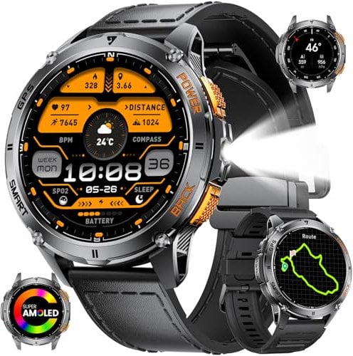 GPS Smartwatch Herren mit LED Taschenlampe,1.43‘’Amoled Display,Fitnessuhr mit 530 mAh Große Batterie,Herzfrequenz/Schrittzähler/Kompass/Höhenmesser,5ATM Wasserdicht,170+ Sport Modi für iOS Android