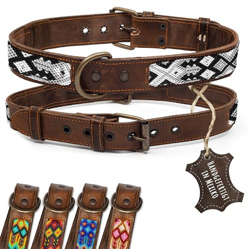 ALTEZAR Lederhalsband Hund - Doppelt Tribal Bestickt Schwarz/Weiß Braun - Hochwertig verarbeitetes Hundehalsband Leder - Handgemacht in Mexiko - Größe XL Halsband Hund für große Hunde Leder breit