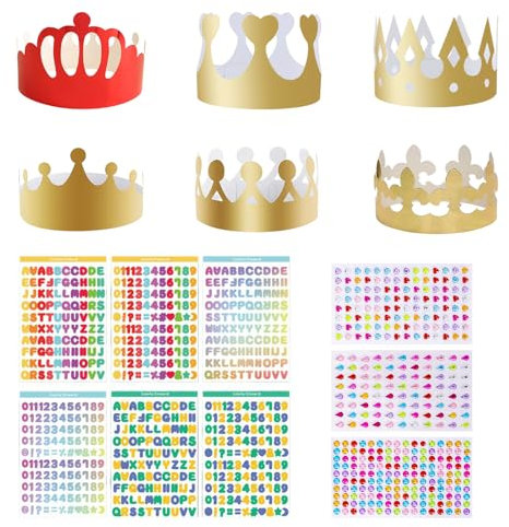 OMJMYY 18 Stück Papier Krone Partyhüte Kronen Basteln Kindergeburtstag Geburtstagskrone Papier mit 6 Alphanumerische Aufkleber und 3 Strasssticker Papier für Prinzessin Königin Prinz Geburtstagsparty