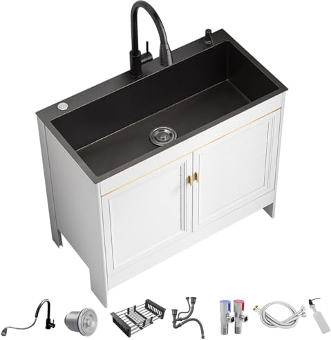 Laundry Utility Sink with Cabinet,Freestanding Kitchen Sink with Faucet and Storage Shelves,with Drainer Unit,for Laundry Room,Bathroom,Garage,Restaurant,Kitchen(With Pull Faucet,75x45cm)