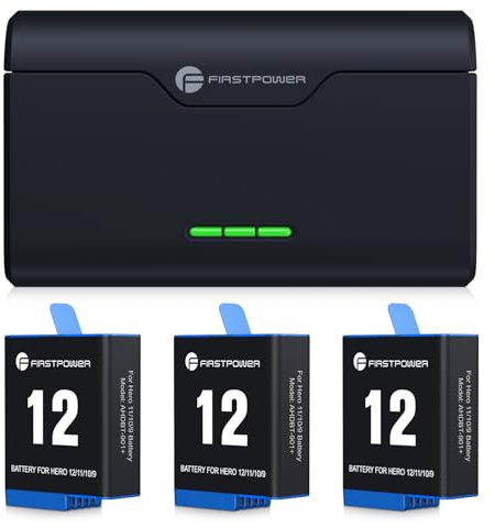 FirstPower Hero 12/11/10/9 Battery 3-Pack 2250mAh and Triple Slot USB Fast Charger Fully Compatible with GoPro Hero 12, GoPro Hero 11, GoPro Hero 10, GoPro Hero 9 Camera, Black