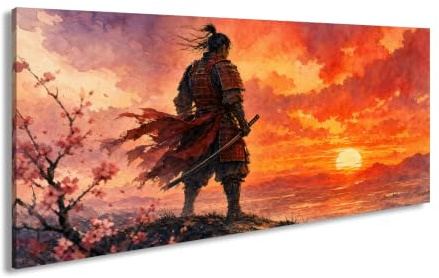 deyoli Leinwandbild Samurai im roten Sonnenuntergang 120x60cm Farbig | Panorama Einteilig XXL Kunstdruck Bild auf Keilrahmen | Leinwandbild | Wandbild | Wohnzimmer Dekoration