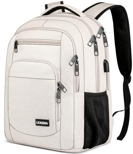 Liokesa Rucksack Herren, 15,6 Zoll Wasserdichte Schulrucksack Jungen Teenager für Schule, Arbeit Rucksack mit USB-Ladeanschluss, für Wandern Reisen, Schule, Business, Oxford, Beige