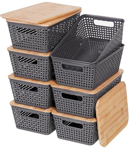 Citylife Set of 8 Pack Storage Baskets with Bamboo Lids,Woven Plastic Storage Boxes,Stackable Lidded Bins for Kitchen Bathroom Desktop Closet Classroom Office,Grey