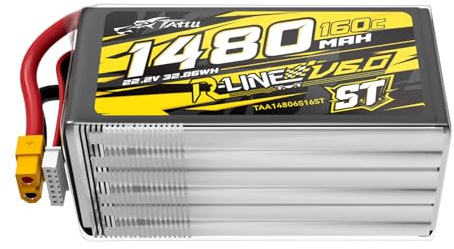Tattu 6S LiPo Batterie 1480mAh 22.2V 160C R-Line V6 St avec XT60 | Format bâton ST classique pour une installation flexible dans les drones FPV