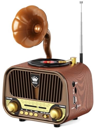 RUNUS J-190 FM/Am/SW Radio Vintage Retro, Radio Portatil Pequeña Recargable de 1800mAh, Transistor Radios Excelente Recepción, Altavoz de 5W Soporte Bluetooth 6.0, USB/TF/AUX, para Cocina, Salón...