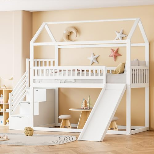LANTRO JS Einzelbett 90x200cm, Hochbett mit Rutsche und Stauraumleiter, Hohe Zaunkonstruktion, Kinder Haus, Kinderbetten, Lattenrost, Weiß