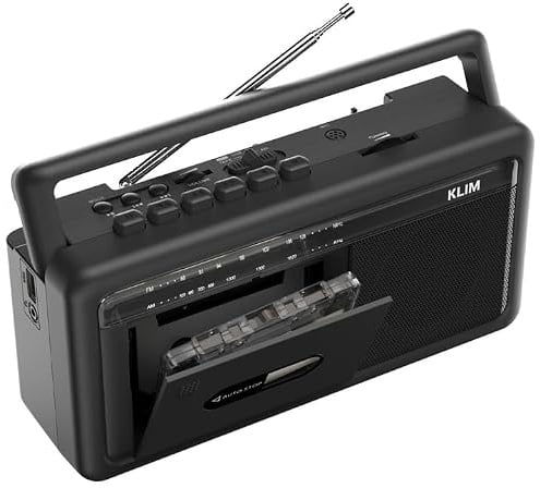 KLIM Lettore Cassette Audio Boombox, Radio AM/FM, Bluetooth, Registratore a Cassette, USB, Altoparlante, Presa Cuffie, Funzionamento a Batterie o Rete Elettrica, Design Portatile Retrò - Nero