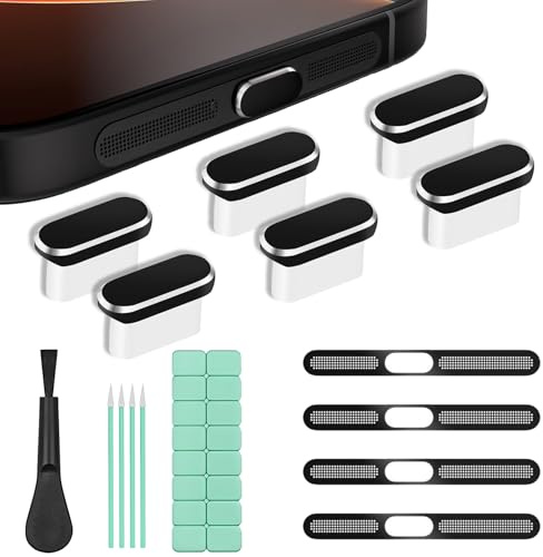 RDTOK USB C Staubschutz Set, 6 Pcs USB C Schutzkappe & Lautsprecher Staubschutz, Wasserdicht, Mit Reinigungsset, Für iPhone 17/16/15 Series und Laptop Ladebuchse Schutz Zubehör (Schwarz)