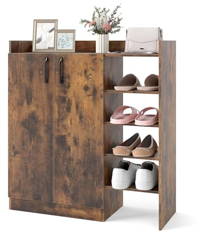Multigot Shoe Cabinet, Shoes Storage Cupboard Organizer Unit with Shelves, Wooden Footwear Shoe Rack Stand for Entryway Hallway Living Room (7-Position Adjustable Shelves, Rustic Brown)