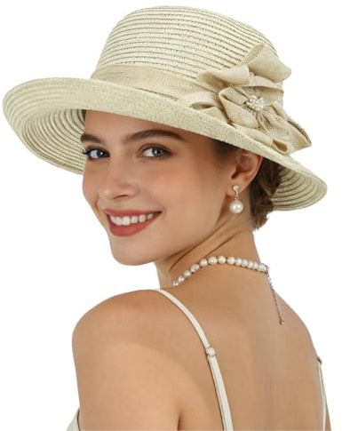LY4U Chapeau de Soleil pour Femmes - Chapeau d'Été Respirant pour Femmes Protection UV avec Ruban et Nœud, pour Plage, Voyage et Activités en Plein Air