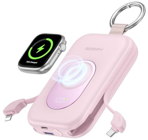 RORRY CharmGo Powerbank,20000mAh Power Bank 30W PD Schnellladung | Externe Handyakkus mit 2 Integrierten Kabeln, Portable Charger Reise-Essential für iPhone, Apple Watch, iPad, Samsung,Rosa
