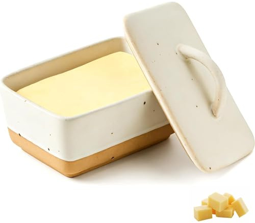 Mantequillera de Cerámica con Tapa, Recipiente para Guardar Mantequilla, Mantequera de Porcelana 14,5 x 10,2 x 6,5 cm, para Mantequilla Blanda y Fresca, 350ML