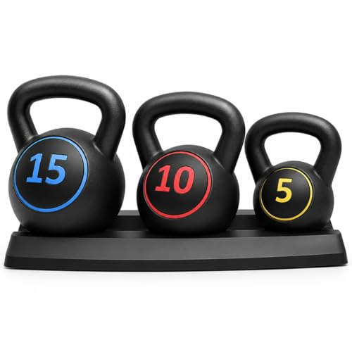 3 Piece Kettlebell Weight Set 30LB with Storage Stand Cement Weights for Home Gym Fitness Strength Training Exercise Workout Equipment for Men & Women (Black)