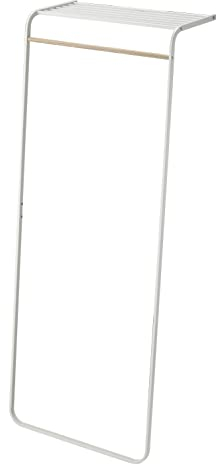 Yamazaki 7078 TOWER Lehnende Garderobe mit Regal, weiß, Stahl/Holz, minimalistisch, 60 x 46 x 160 cm