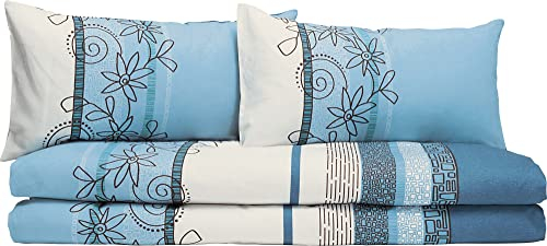 Erwin Müller Bettwäsche, Bettgarnitur Fein-Biber Blumen 4-TLG Sparpaket hellblau Größe 40x80 cm / 155x200 cm - hautsymphatisch, bügelleicht, mit Marken-Reißverschluss