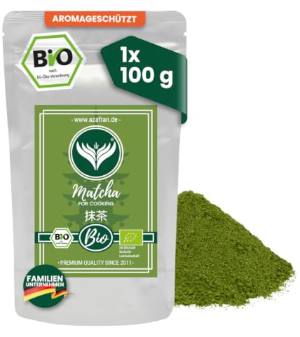 Azafran BIO Matcha Tee Pulver Japan 100g | Fein gemahlenes Grünteepulver zum Kochen, Backen & Verfeinern