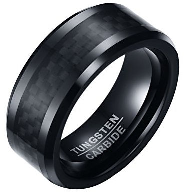 PAURO Herren Hartmetall 8mm Ring Schwarz Carbon Fiber Inlay und Abgeschrägten Kanten Größe 68