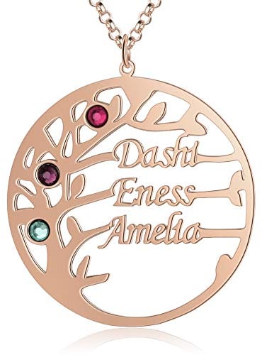 kaululu Personnalisé Femme Arbre de la Vie des Collier avec Gravur Famille Prenom Simulée de Pierre de Naissance 2 à 4 Noms Pendentif en Argent pour Bijoux Anniversaire Mère BFF (Rosegold, 3 name)