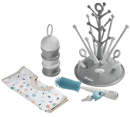 BÉABA, Coffret Naissance Bébé, Set Cadeau Naissance, Egoutte Biberon Arbre Grande Capacité-Gris, Boite Doseuse de Lait Empilable-Gris, Goupillon Biberon Silicone
