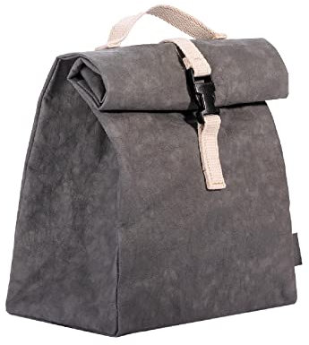 Kontor28 - nachhaltige Lunchbag TASTY, Brotzeittüte, waschbare Lunchbox für Mittagessen, Büro, Picknick, 100% ökologisch aus washable Papyr, veganes Leder, handgefertigt Made in Germany, anthrazit