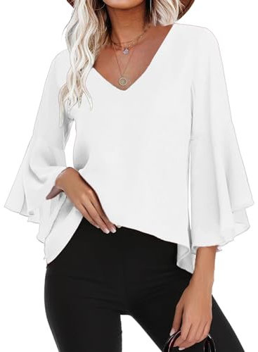 Gyabnw Blusa Donna Estiva in Chiffon Estiva Camicia Donna Casual Traspirante 3/4 Manica Volant Scollo a V Blusa B-Bianco,L