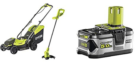 Ryobi 18V ONE+ Cordless Lawnmower and Grass Trimmer Kit (1 x 4.0Ah) & RB18L50 ONE+ Lithium+ 5.0Ah Battery, 18 V