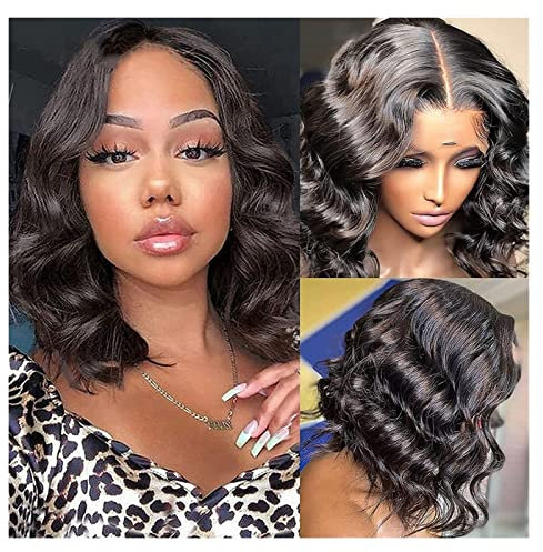 caihuashopping Haarteile 8-16 Zoll brasilianische menschliche Haarperücken for Frauen 5 × 1 T-Teil Spitze Nature Perücke vorgeptet mit Baby-Haar-Körperwelle Kurze Bob-Spitze-Schließperücken Perücken
