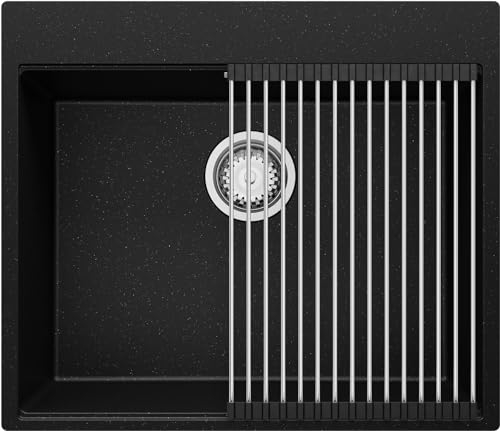 PRIMAGRAN Fregadero Cocina Negro Metallic 58x50cm, Fregadero Granito 1 Seno + Sifón + Enrollable Escurridor, Fregadero sobre encimera al mueble 60cm - Oslo