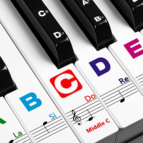 Piano Keyboard Stickers for Beginners Removable Piano Stickers for Keys 88/61/54/49/37, Colorful Larger Letter Key Note Stickers for Kids Learning Piano, Upgraded with Solfege
