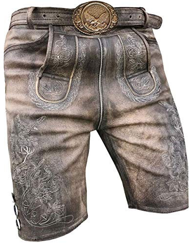 Royal-Plus Bayrische Herren Trachtenhose Kurze Traditionelle Lederhose Oktoberfest Lederhose Wiesn in antik braun Gr 46-62 (DE/NL/SE/PL, Numerisch, 58, Regular, Kurz, Standard, Braun Antik)