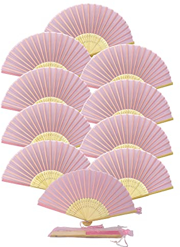 FANSOF.FANS Pack of 10 Fabric Handheld Fan with a Tassel Grade A Bamboo Ribs Party wedding Favour (Soft Pink)