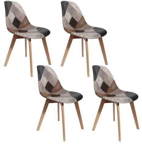 HOME DECO FACTORY 4er-Set Patchwork-Stühle Skandinavisch Stoff Braun | Holz, 4er-Set Patchwork-Stühle, skandinavisches Design, bunter Stoff, Holzbeine, Esszimmer oder Wohnzimmer, Braun und Grau