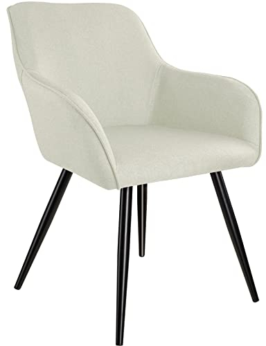 tectake 800847 Esszimmerstuhl mit Armlehnen, Leinenoptik, gepolsterte Sitzfläche, Schwarze Metallbeine, für Wohnzimmer, Esszimmer, Küche und Büro (Creme | Nr. 404624)