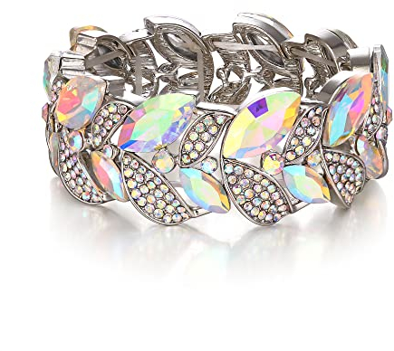 EVER FAITH Österreichisches Kristall Blatt Stretch Armband, Art Deco Marquise Strass Party Prom Elastischer Armkette für Damen Schillernd AB Silber-Ton
