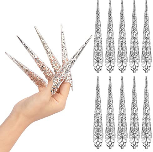 Fingernagelspitze Krallen,10pcs Metall Falsche Nägel Alte Königin Nägel Nagelspitze Krallen Ringe Cosplay Nagel Fingerspitzen Falsche für Cosplay Drama Tanz Show(Silber)